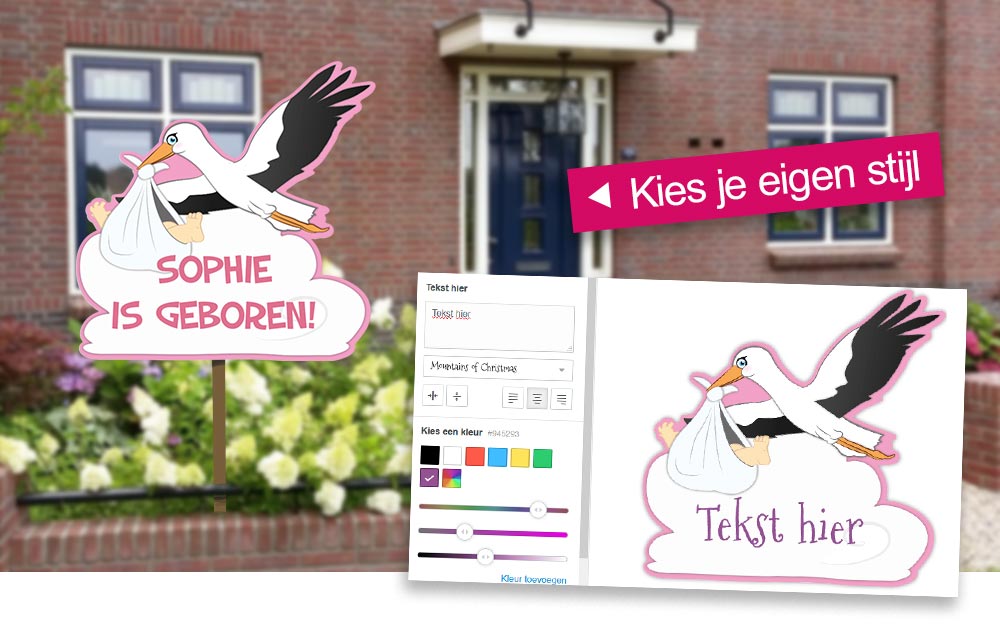geboortebord ooievaar roze