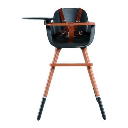 Ovo Ovo highchair - kinderstoel zwart met tray en bruine kunstlederen riempjes Ovo Ovo highchair - kinderstoel zwart met tray en bruine kunstlederen riempjes