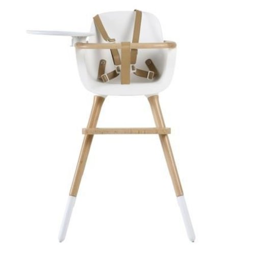 Ovo Ovo highchair - kinderstoel wit met tray en bruine kunstlederen riempjes Ovo Ovo highchair - kinderstoel wit met tray en bruine kunstlederen riempjes