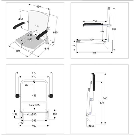 Douchezitting/douchestoel opklapbaar met rug- armleuning Jadacare Douchezitting/douchestoel opklapbaar met rug- armleuning