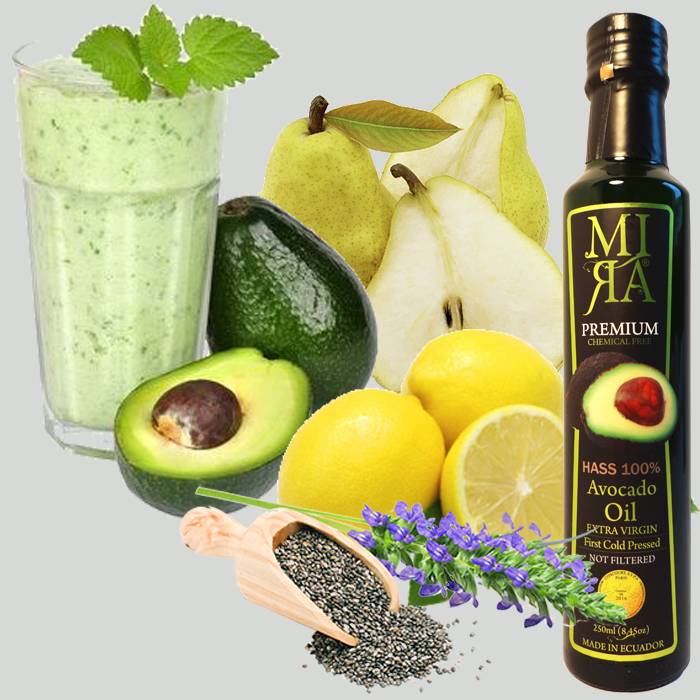 Smoothie met avocado, citroen, peer, chia en MIRA avocado olie