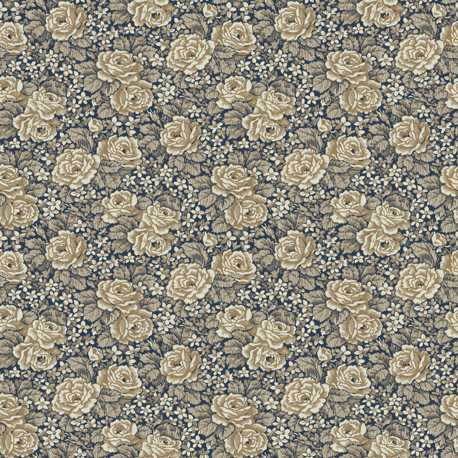 Dutch Wallcoverings Rosenlycka - Roses Blue/Ochre - Blauw/Oker