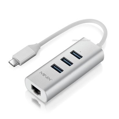 MINIX NEO C-UE USB-C to 3 Port USB 3.0 and Gigabit Ethernet Adapter Silver
