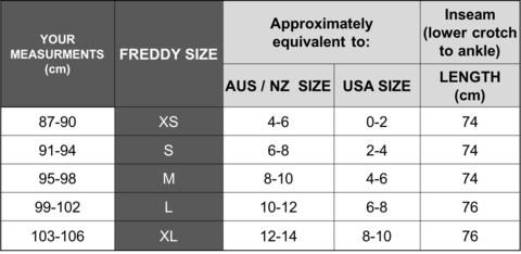 Freddy Jeans Size Chart