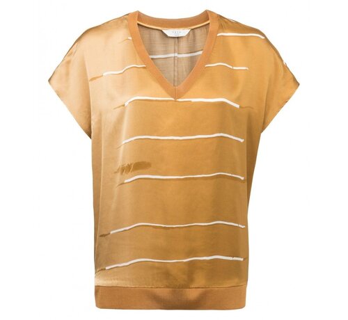 YAYA BLURRED STRIPE PRINT TOP WITH KNITTED V-NECK AND WAISTBAND