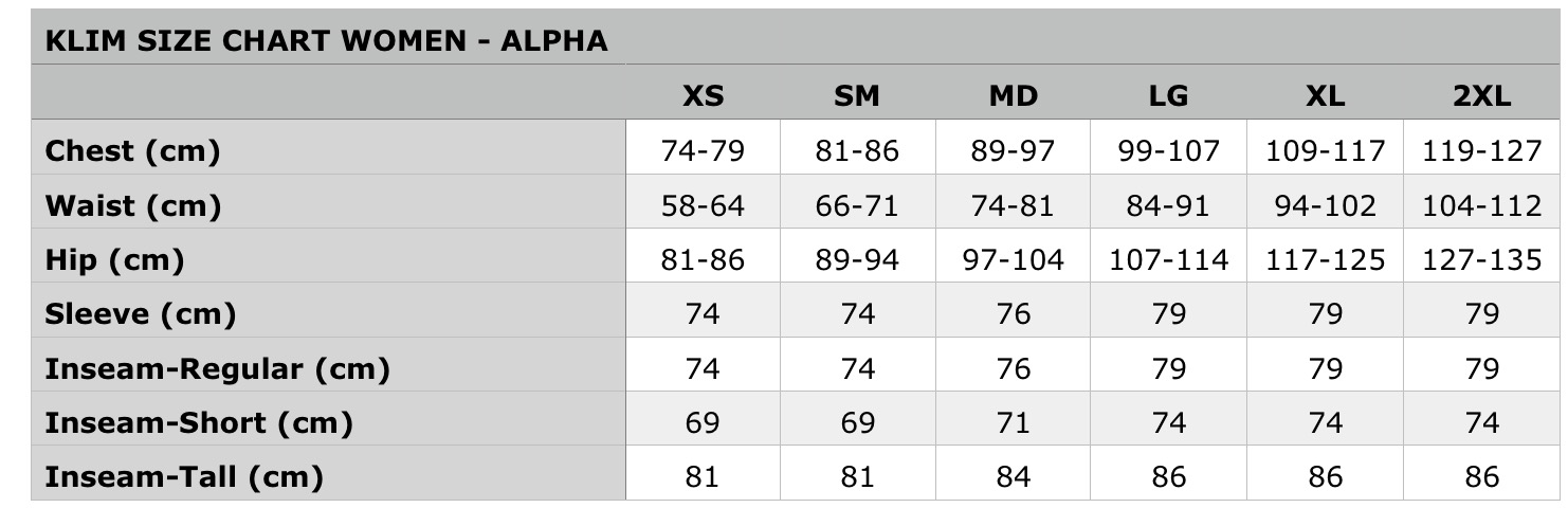 KLIM Size chart Women - Bartang