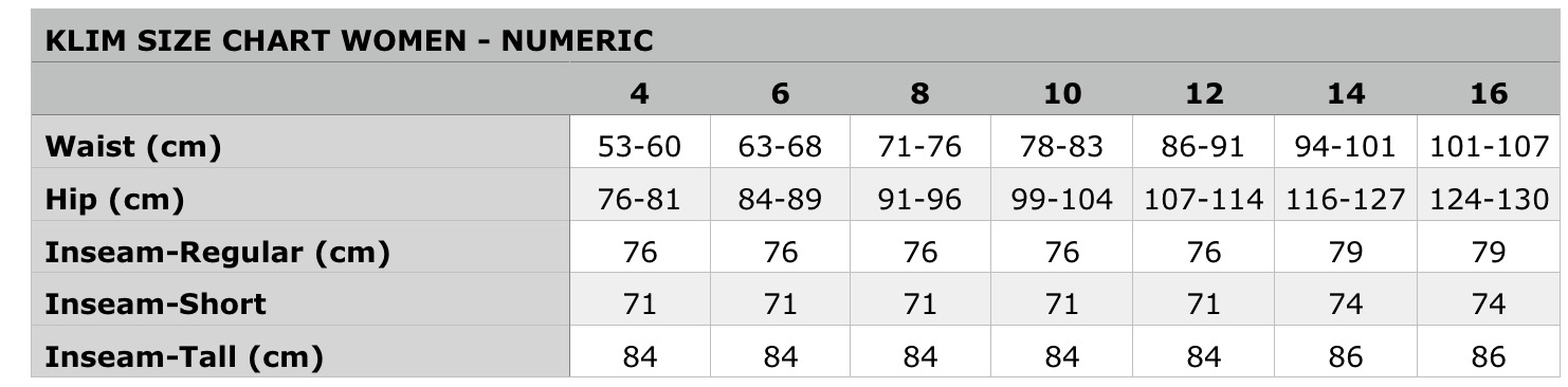 Klim Jacket Size Chart