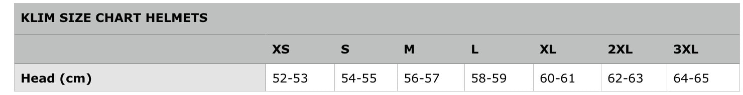 KLIM Size chart Women