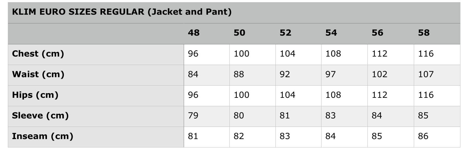 KLIM EURO Size chart - Bartang