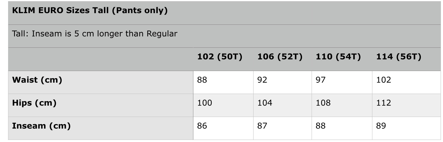 KLIM EURO Size chart - Bartang