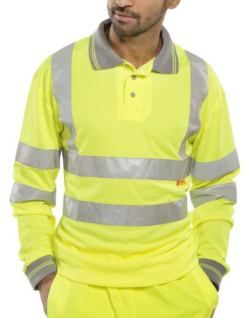 New Mens Hi Vis Long Sleeve High Visibility Grey Collared Work Polo Shirt