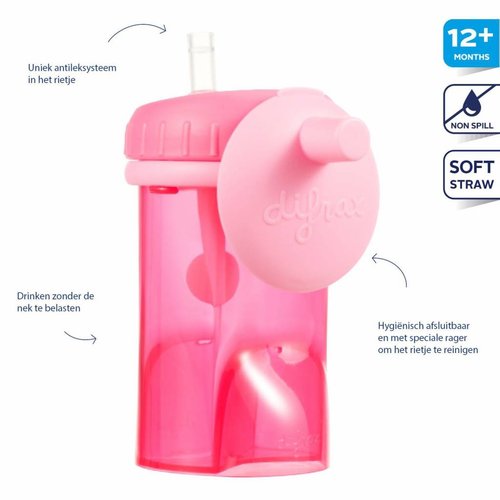 Difrax Difrax rietjesbeker antilek 250 ml roos Difrax Difrax rietjesbeker antilek 250 ml roos