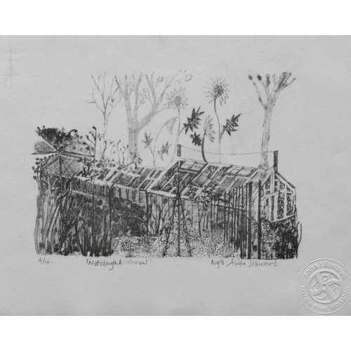 Anita J Burrows Nutclough Allotment- Lithographie eingerahmt Anita J Burrows Nutclough Allotment- Lithographie eingerahmt