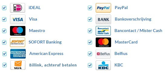 Je kunt bij Verkoop.Com betalen met de volgende online betaalmethode: iDEAL, Paypal, Visa, Mastercard, Maestro, American Express, Mister Cash, SOFORT Banking, Belfius, KBC, Billink (Achteraf betalen) of via een Bankoverschrijving.