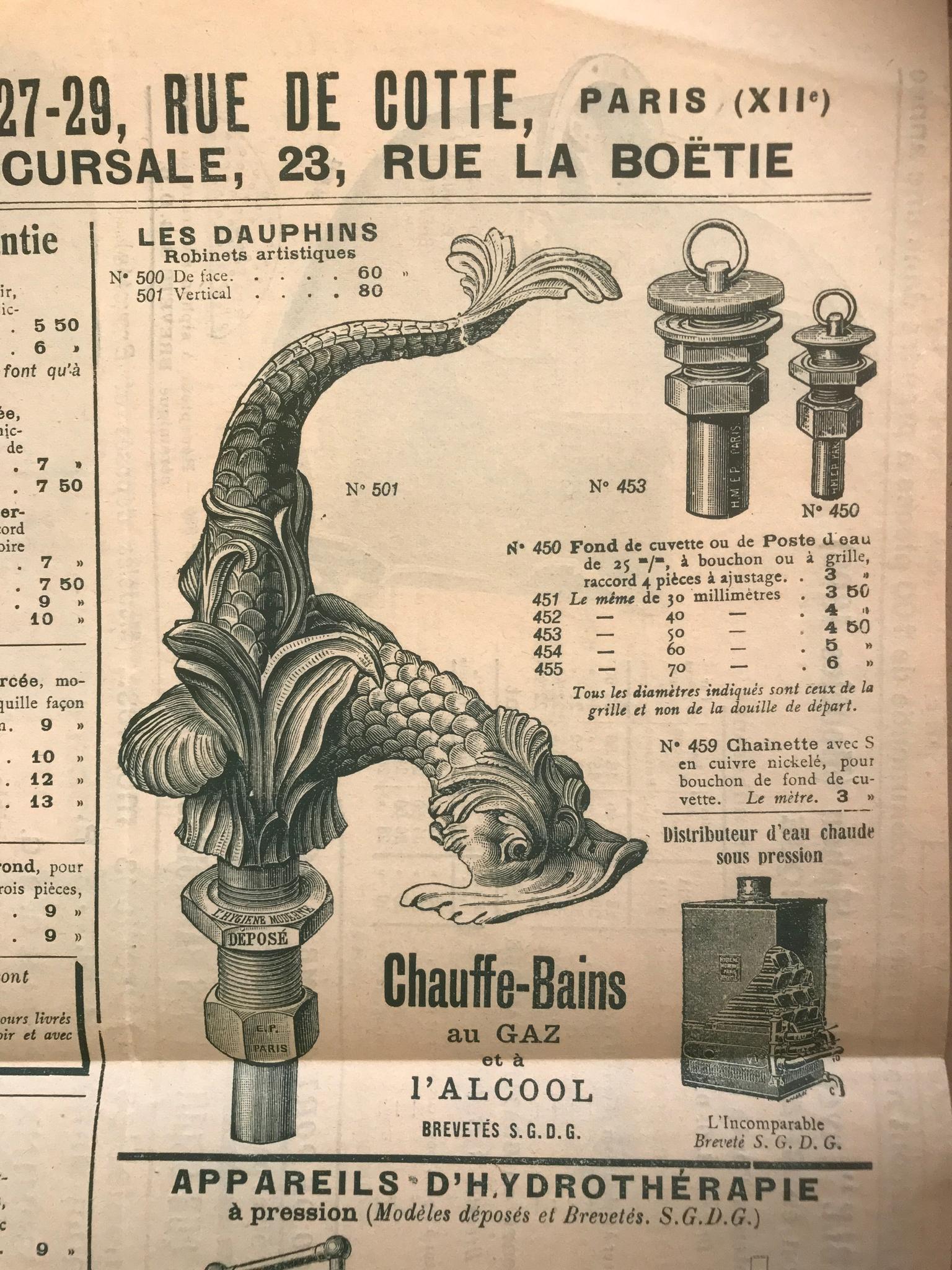 Dauphine kranen, bec gargouille modellen uit catalogus Hygiene de Paris 1900