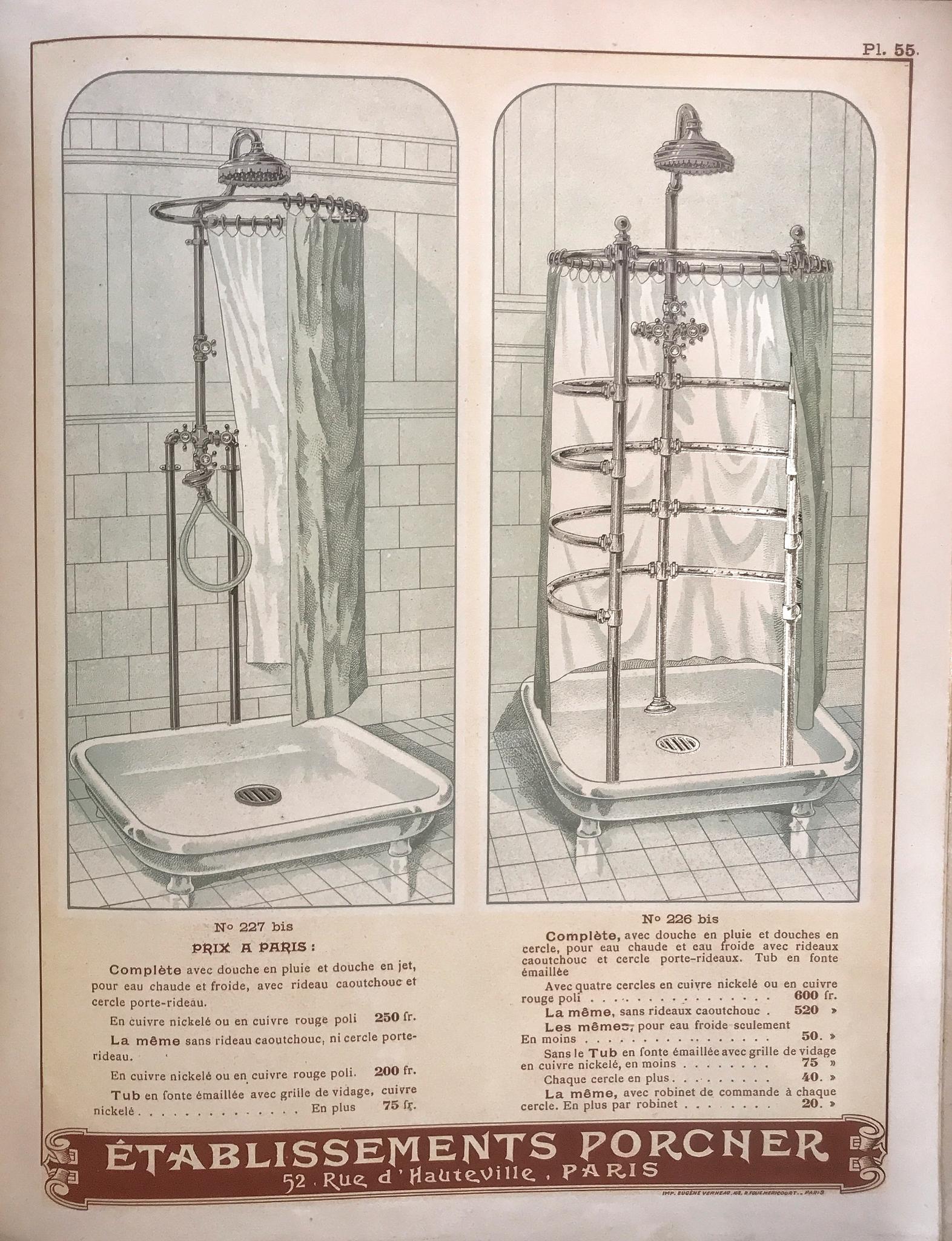 Douchebakken met kooi douches, catalogus Porcher 1899