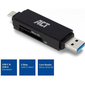 ACT USB 3.2 Card Reader SD/Micro SD USB-C Or USB-A Black